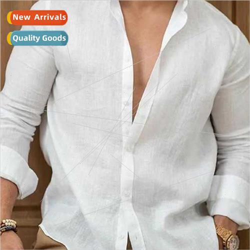 2023 Cotton linen solid color men shirt youth casual