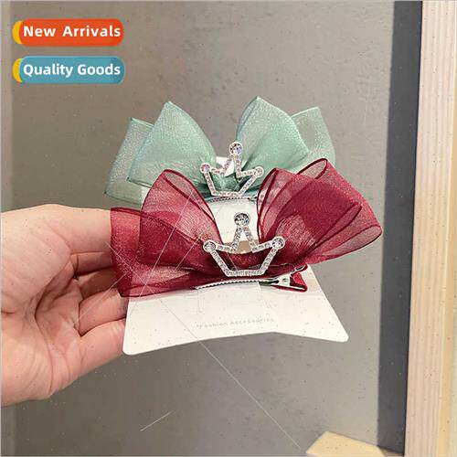 Girls crown hair clips headdress colorful tulle bow hairpin