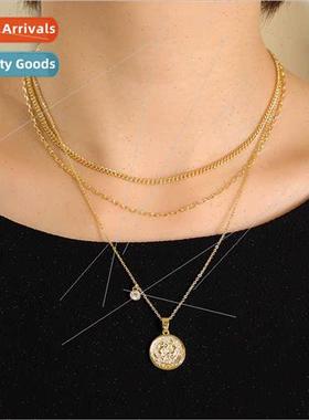 KJ Copper Plated Zodiac Pendant Women Multi-Row Chain Stacki