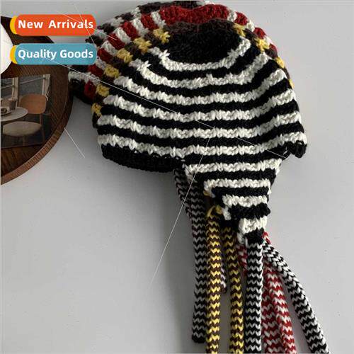 Mixed-color knted straps woolen wrapped head cap female wint