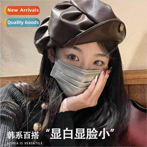 Korean  pleated leather black beret children spring fall nic