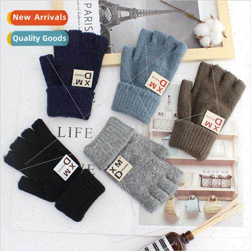 Winter men fashion solid color half finger woolen gloves let