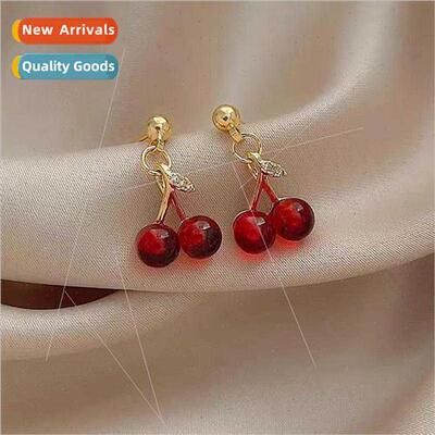 New 925 silver red cherry earrings simple small hundred wh i