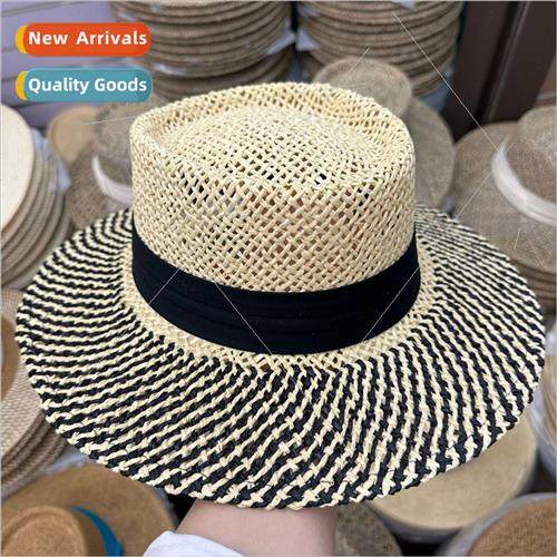 Brish retro color blocking flat top bowler hat French straw