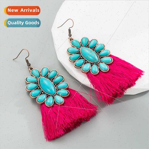 Boho Earrings Vintage Alloy Turquoise Handmade Tassel Prom E