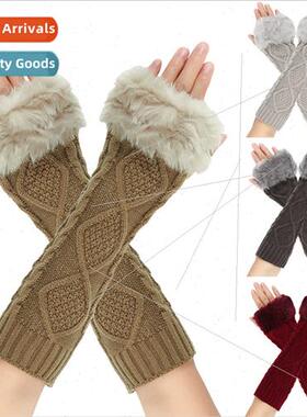 Rhombus long woolen gloves women fake sleeves knted warm ope