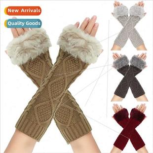 gloves women warm long ope knted woolen sleeves Rhombus fake
