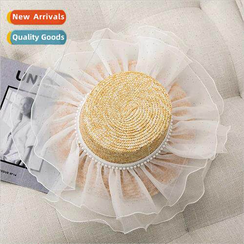 Summer female pearl lace mesh hat flat top English hat hat s
