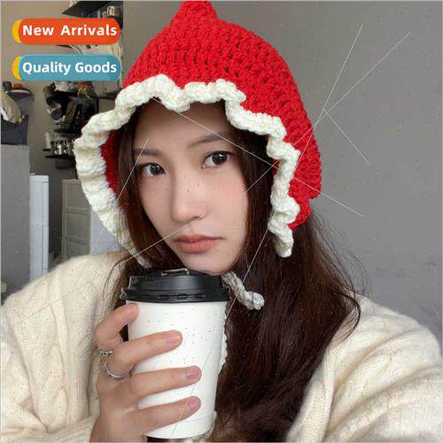 Cute hand-knted pointed wool cap red Christmas hat fall wint