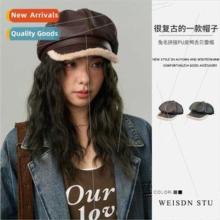 fur trimmed cap leather perso octagonal rabb beret velvet