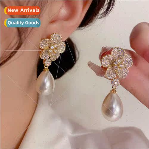 French elegant zirconia flower pearl earrings female sweet g