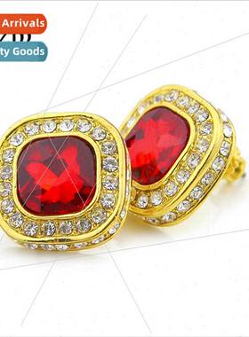Men Hiphop gemstone earrings bling ice blue ruby hip hop ear