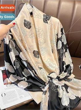 Spring new camellia printing simulation silk scarf air condi