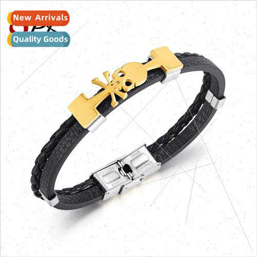 Europe Fashion Titanium Steel Skull Multi-Layer Braided Leat