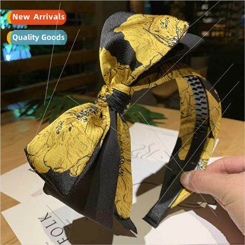 Fabric striped floral headband wide side large bow -slip hai