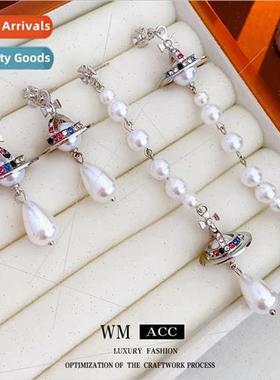 lver needle wh diamond cross Saturn earrings long pearl tass