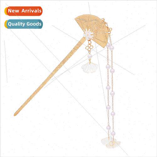 Carved fan hairpin ancient pearl tassel step hairpin vintage