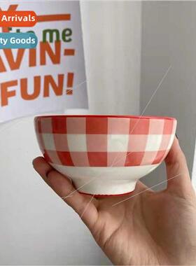 Korea ins retro red plaid bowl ceramic rice bowl one person