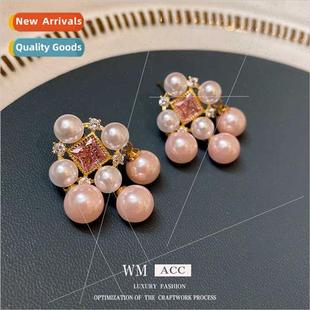 silver pin French pearl tassel earrings elegant pink zirconi