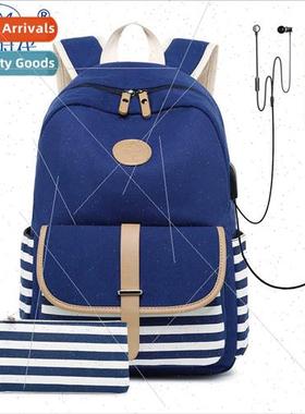 New navy striped canvas middle school students schoolbag Kor