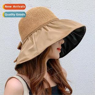 female hollow large vinyl brim straw bow hat Summer sun