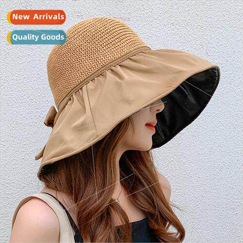 Summer vinyl bow female hollow sun hat straw hat large brim