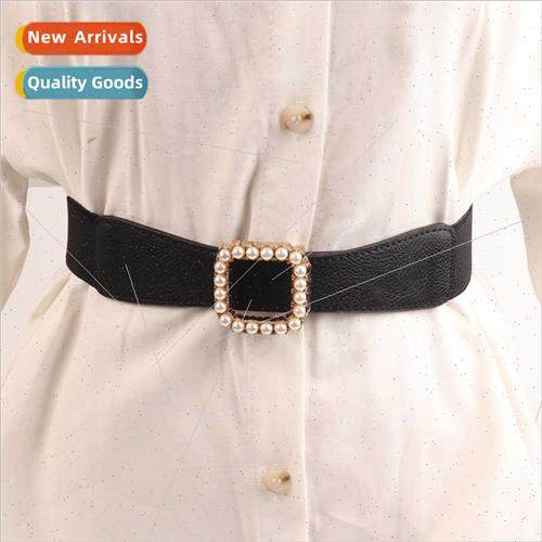 Square pearl thin belt female retro elastic narrow belt vers