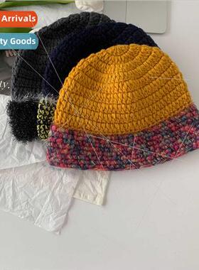 ins personaly niche color blocking knted wool fisherman hat