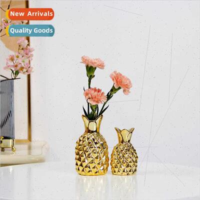 gold ceramic vase flower arrangement pineapple pattern deskt
