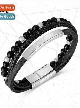 Men Multi-Layer Braided Engravable Stainless Steel Onyx Bead