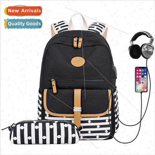 Casual Backpack Female Canvas Stripe Printing Middle School