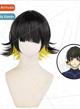 Yihaifa Blue Prison Bee Happy Back COS Short Hair Wig Revers