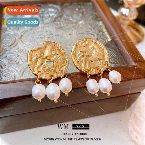 Jewelry lver Needle Pleated Round Pearl Tassel Earrings Fren