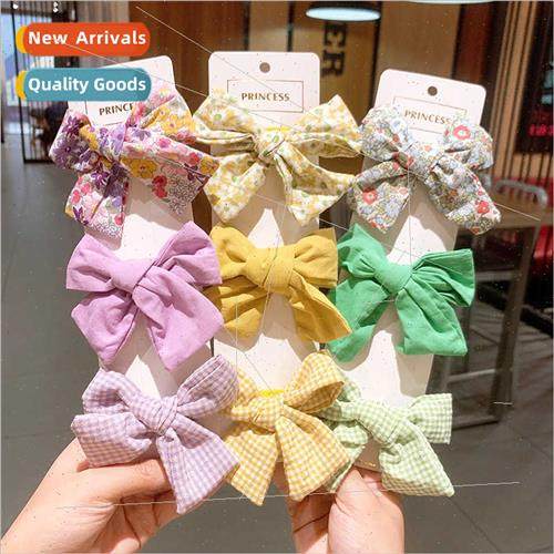 ins Korea plaid floral girl children cloth bow pressure clip