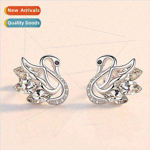 s925 silver swan earrings female Koreasimple versatile inlai
