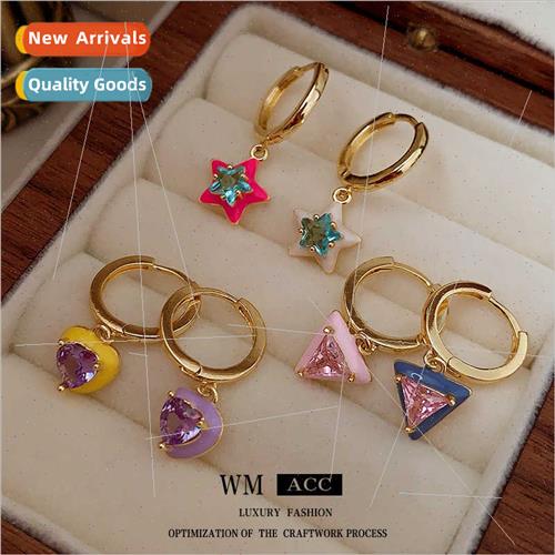 Zircon drip oil colorful love pentagram sixpcs earrings nich