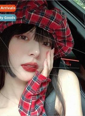 Red plaid octagonal beret female summer big head circumferen
