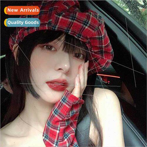 Red plaid octagonal beret female summer big head circumferen