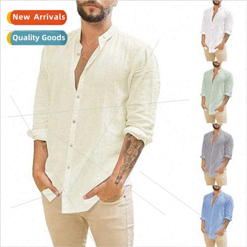 2023 Men Loose nen Cardigan Solid Color Casual Standing Coll