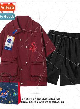 summer camping shirt shorts couple  loose casual multi-pocke