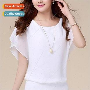 Casual Women Chiffon Blouse Female Solid Short Sleeve Ruffle
