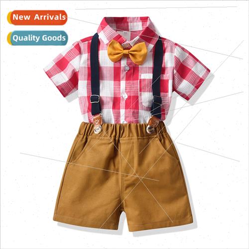 Boys su summer model backpack pants su bow plaid short sleev