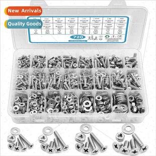 720pcs US 304 Phillips Screws Nuts Flat Washers Set Combo Bo