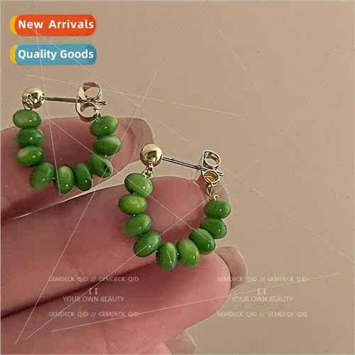 Green cat eye stone earrings tide earrings female niche spri