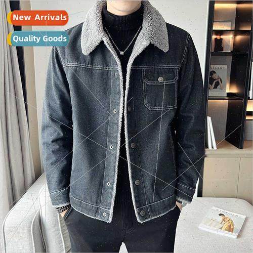 Fall winter fur collar jacket men American retro denim blue