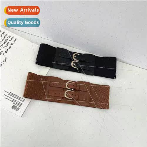Women Leather Wide Waistband Double Buckle Wide Belt Tie Bel