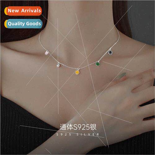 S925 silver rainbow smiley face round bead necklace women si