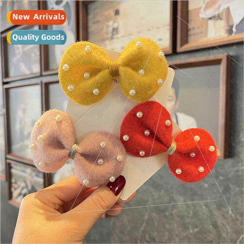 Korean children hair accessories tweed pearl bow hair clips
