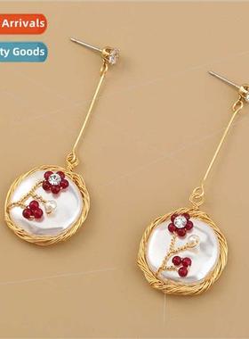 Europe Handmade Natural Stone Flower Round Pendant Long Tass