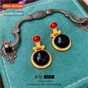 Earrings silver pin French black round resin earrings female